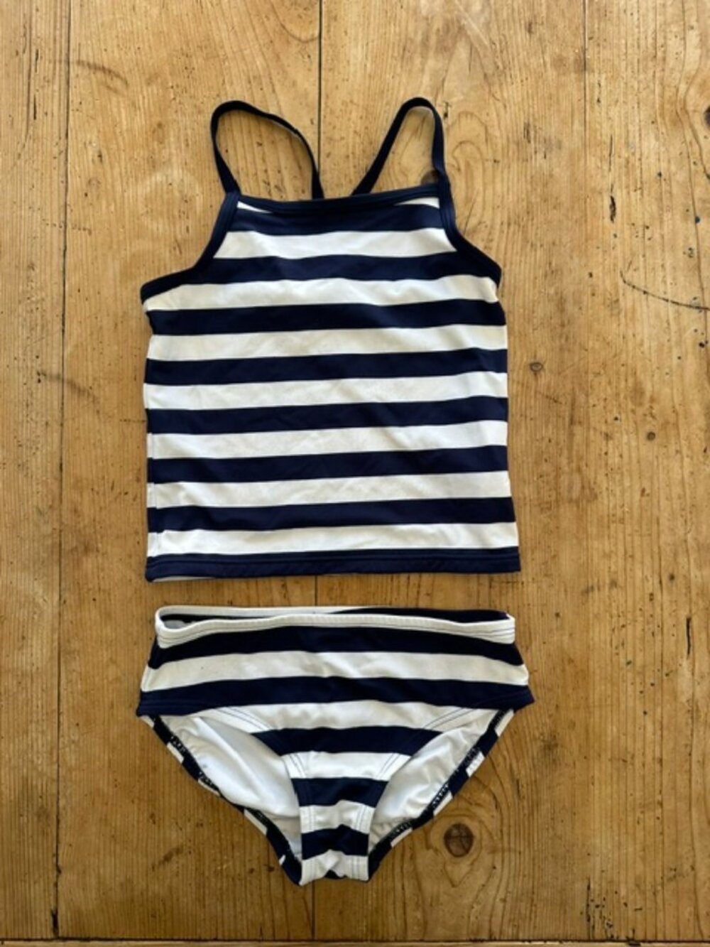 Hanna Andersson Girls 2 Piece Navy/White Stripe Bathing Suit Size 6/7